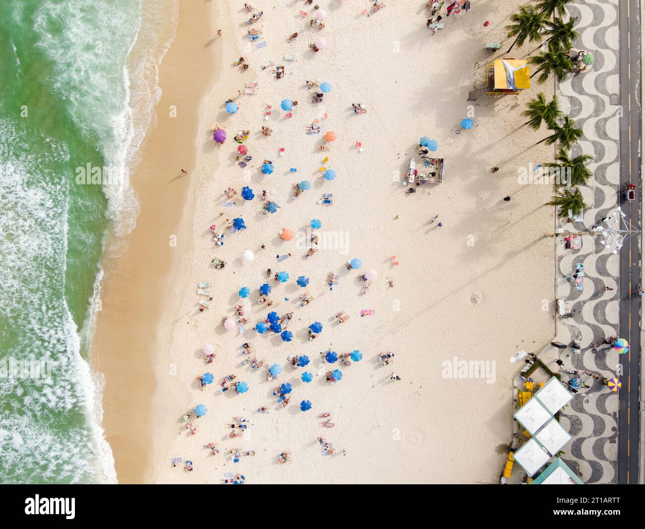 Top down aerial view of people sunbathing and enjoying summer at Copacabana Beach in Rio de Janeiro, Brazil. Stock Photo