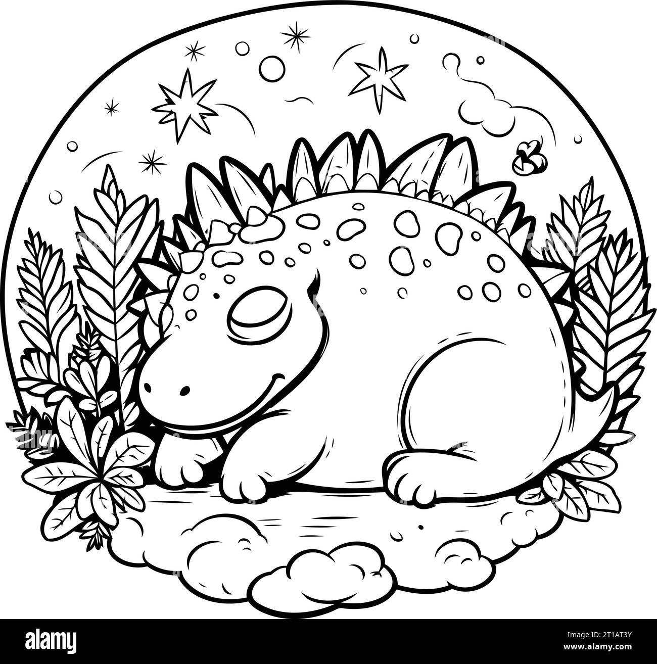 Black and white Pterodactyl dino flying among the clouds to nest with eggs.  Summer scene outline illustration with cute dinosaur. Funny prehistoric  reptiles coloring page for children. Stock Vector