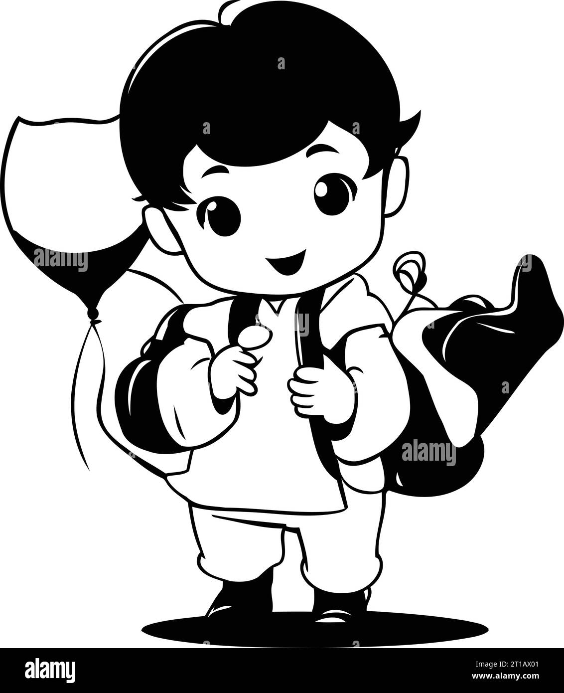 Cute schoolboy with backpack and books. Black and white vector illustration. Stock Vector