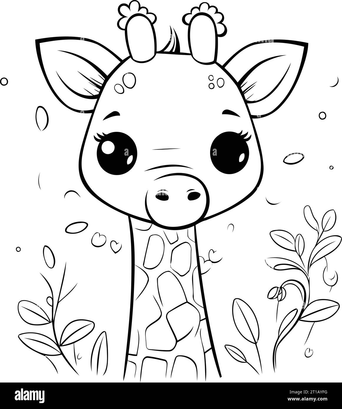 Cute baby giraffe with flowers. Coloring book for kids. Stock Vector