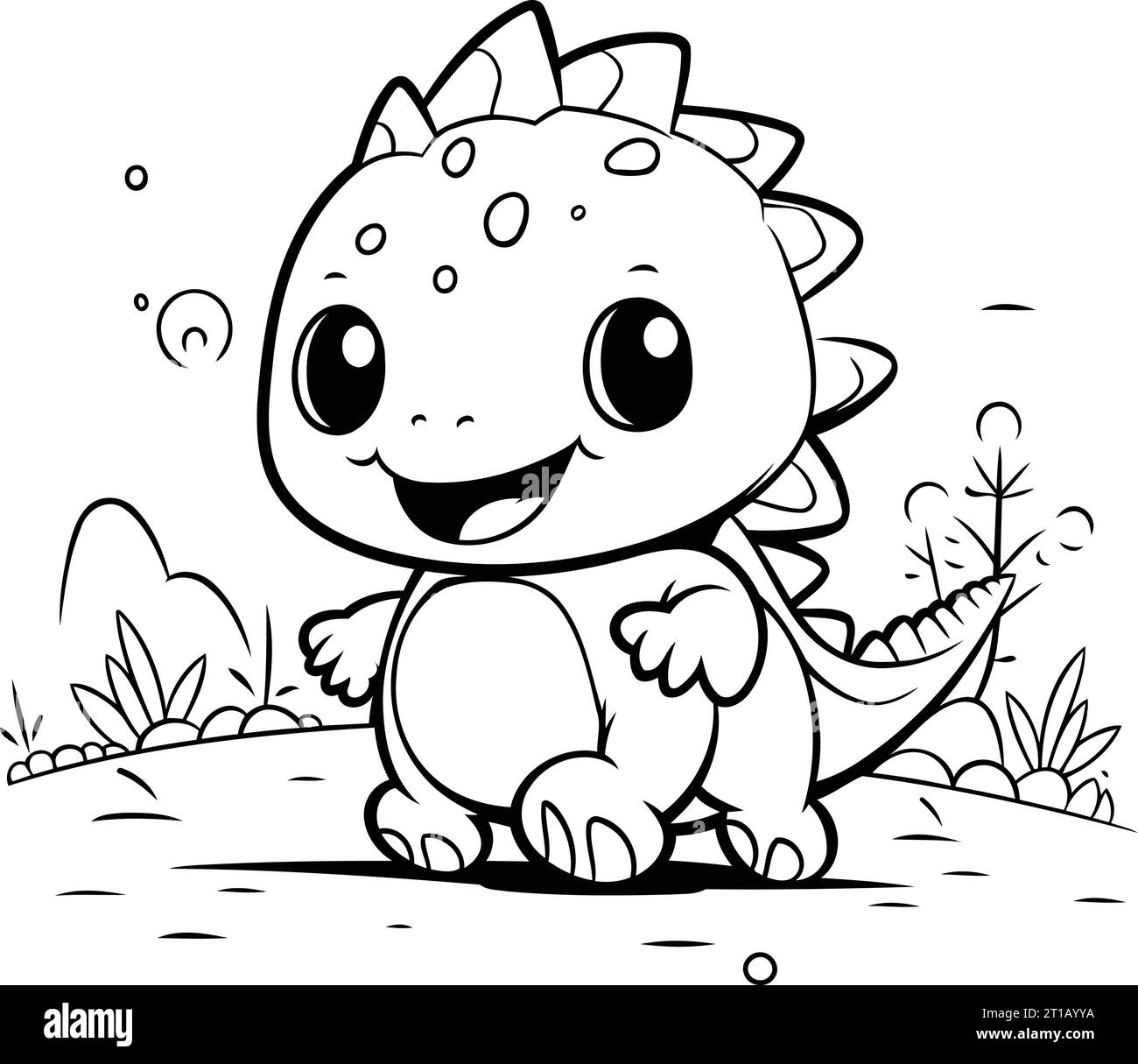 Cute dinosaur sitting on the grass. Vector illustration for coloring