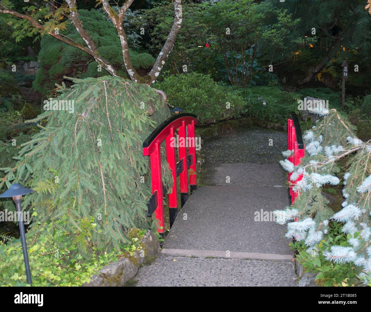 A vermillion bridge in the Japanese Garden at Butchart Gardens in Victoria, BC Stock Photo Alamy