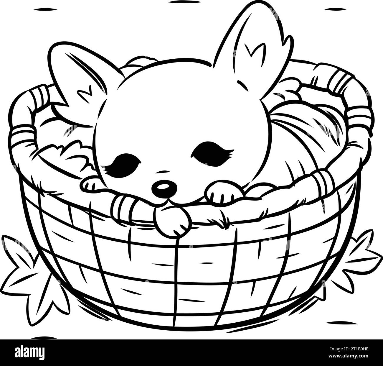 Black and White Cartoon Illustration of Cute Puppy Animal in Basket for ...