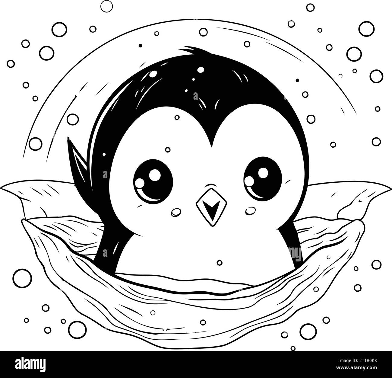 Cute penguin in the nest. Black and white vector illustration Stock