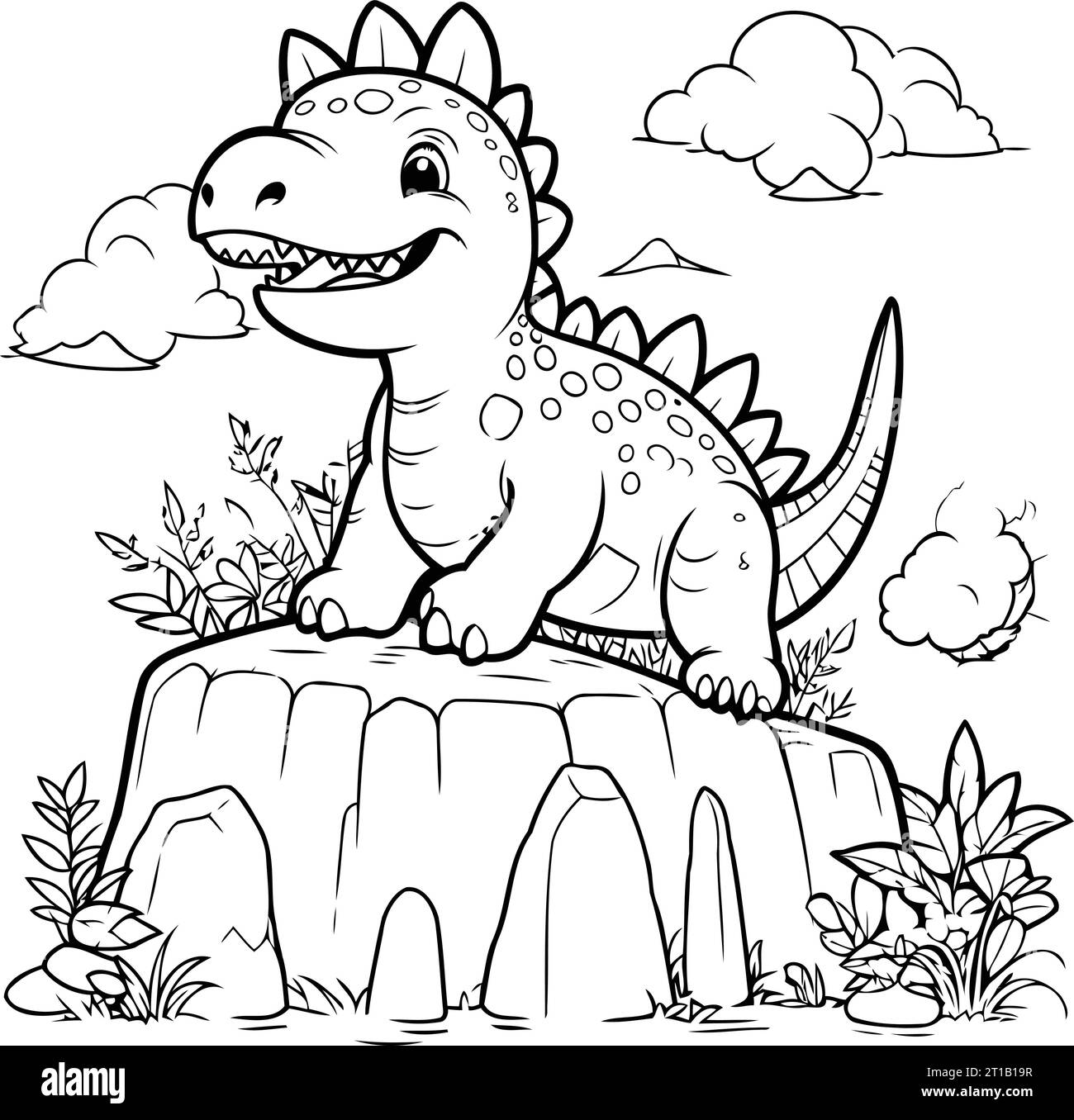 Cute dinosaur sitting on the rock. Vector illustration. Coloring book ...