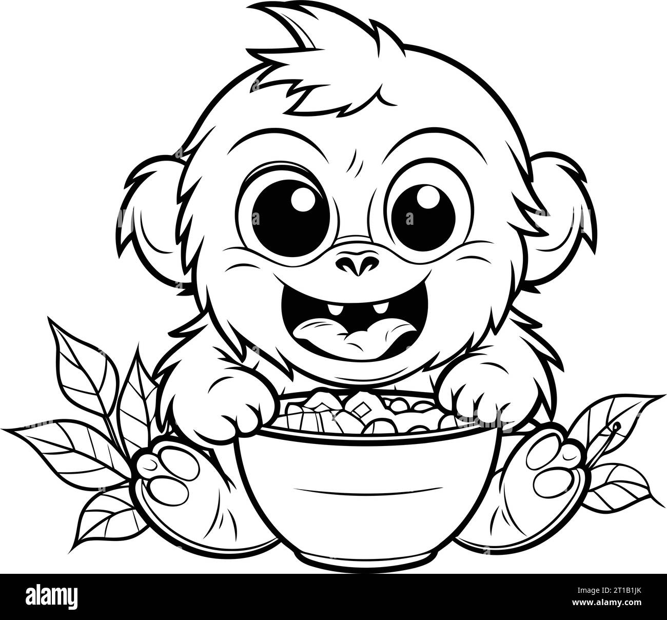 Cute monkey eating a bowl of cereal. Black and white illustration Stock