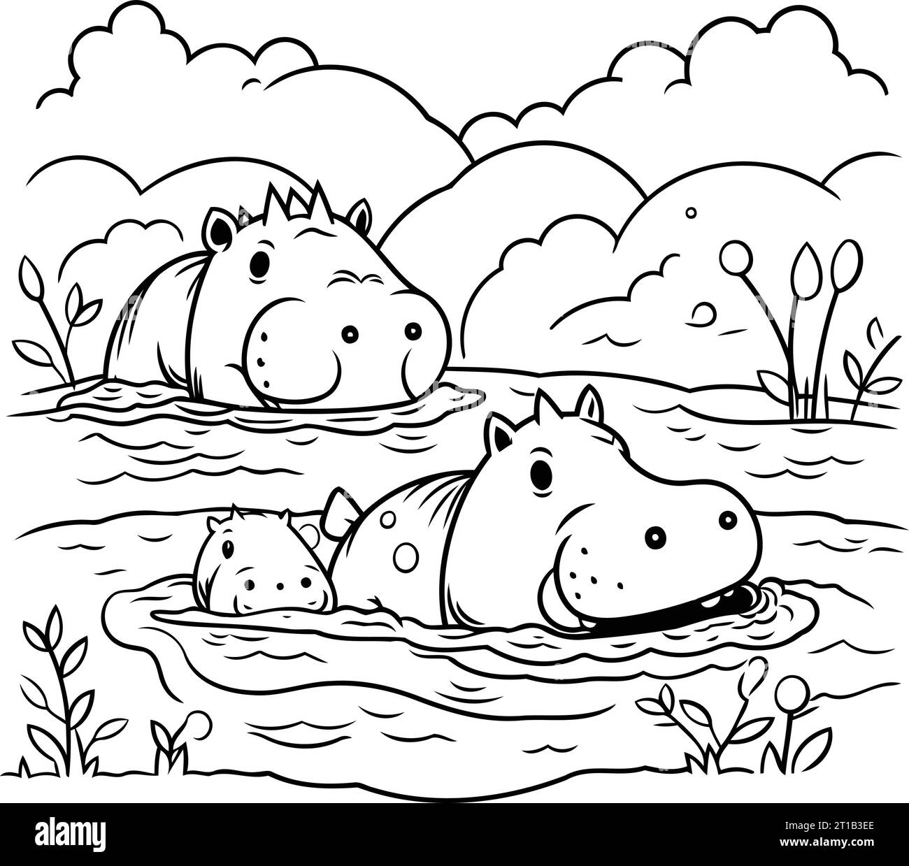 Hippos in the water. Coloring book for children Stock Vector Image