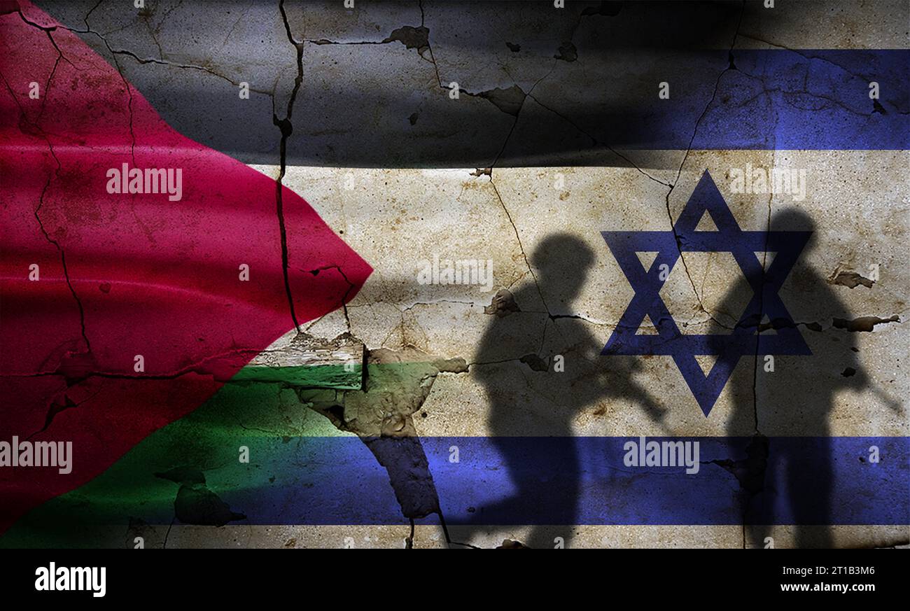 Israel vs Palestine flag on cracked wall. Palestine and Israel war concept, silhouette of soldiers in Palestine vs Israel Stock Photo