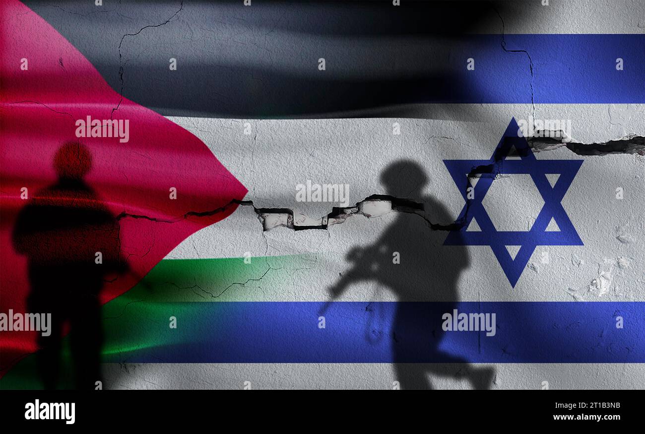 War between Palestine and Israel. Silhouette of soldiers in Palestine vs Israel. Israel vs Palestine flag on cracked wall Stock Photo