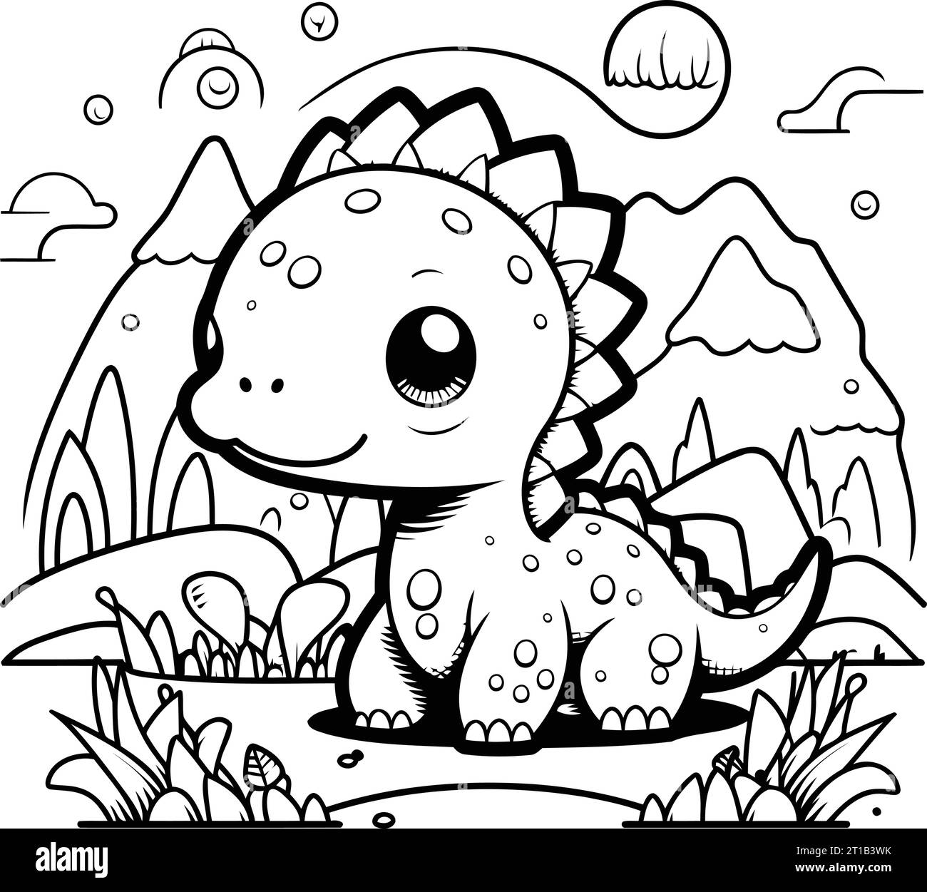 Cute baby dinosaur in the jungle. Vector illustration for coloring book