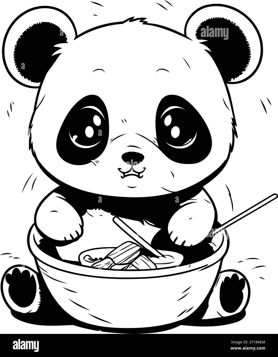 Cute panda bear eating a bowl of rice. Black and white vector
