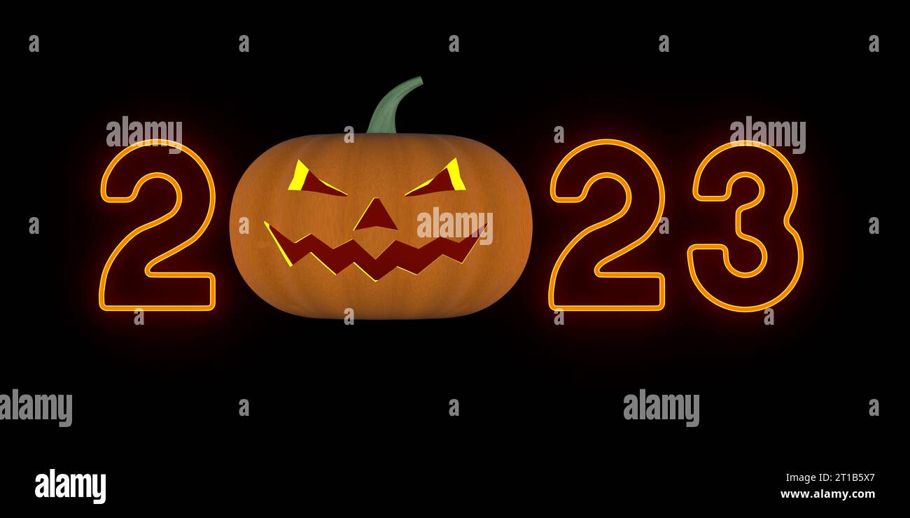 orange neon 2023 and pumpkin on dark background. 3D illustration Stock Photo