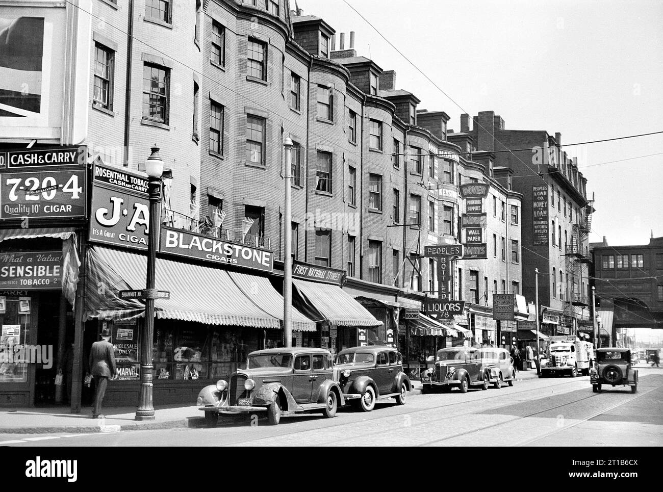 Street Scene, corner of Shawmut Avenue and Dover Street, Boston, Massachusetts, USA, Arthur Rothstein, U.S. Farm Security Administration, April 1938 Stock Photo