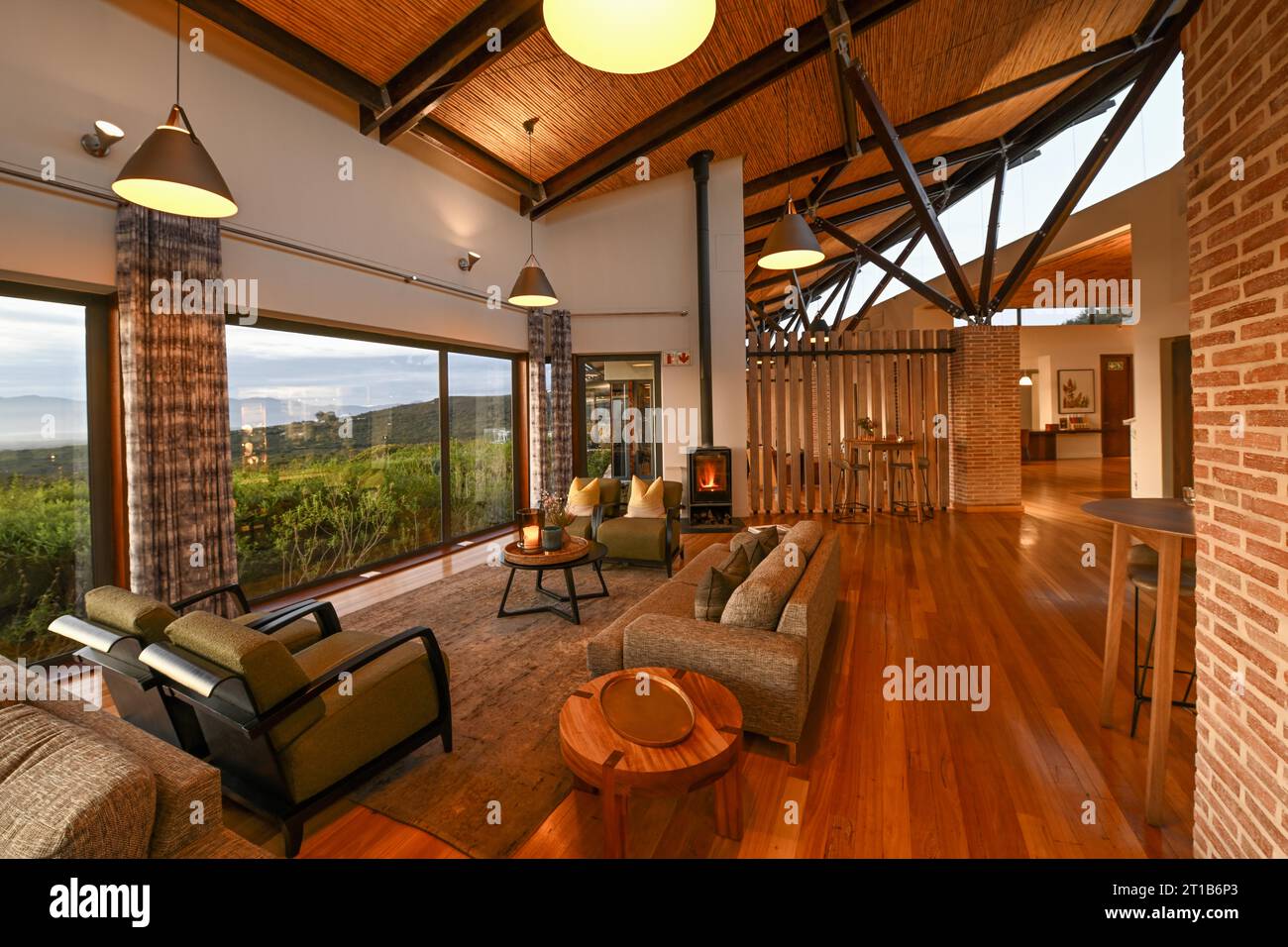 Forest Lodge, interior, central area, blue hour, Grootbos Private ...