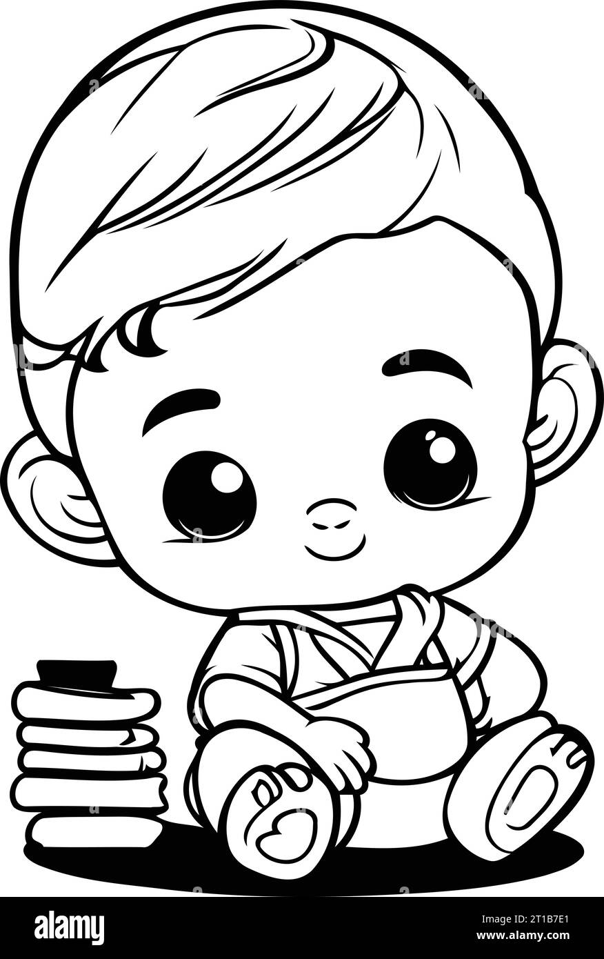Cute baby boy sitting on the floor with books. vector illustration Stock Vector