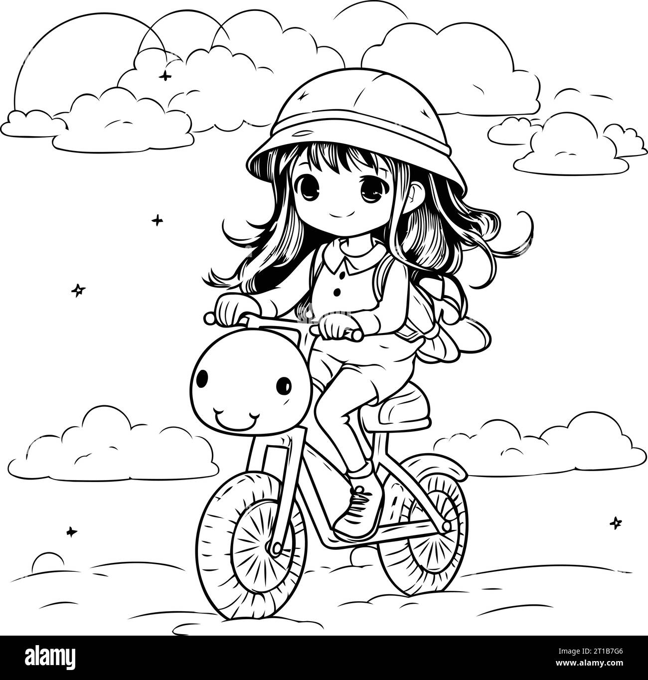 cute little girl riding bicycle with helmet and clouds vector