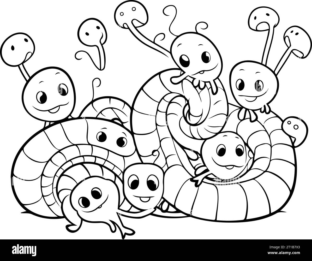 Black and white vector illustration of a group of funny cartoon caterpillars. Stock Vector
