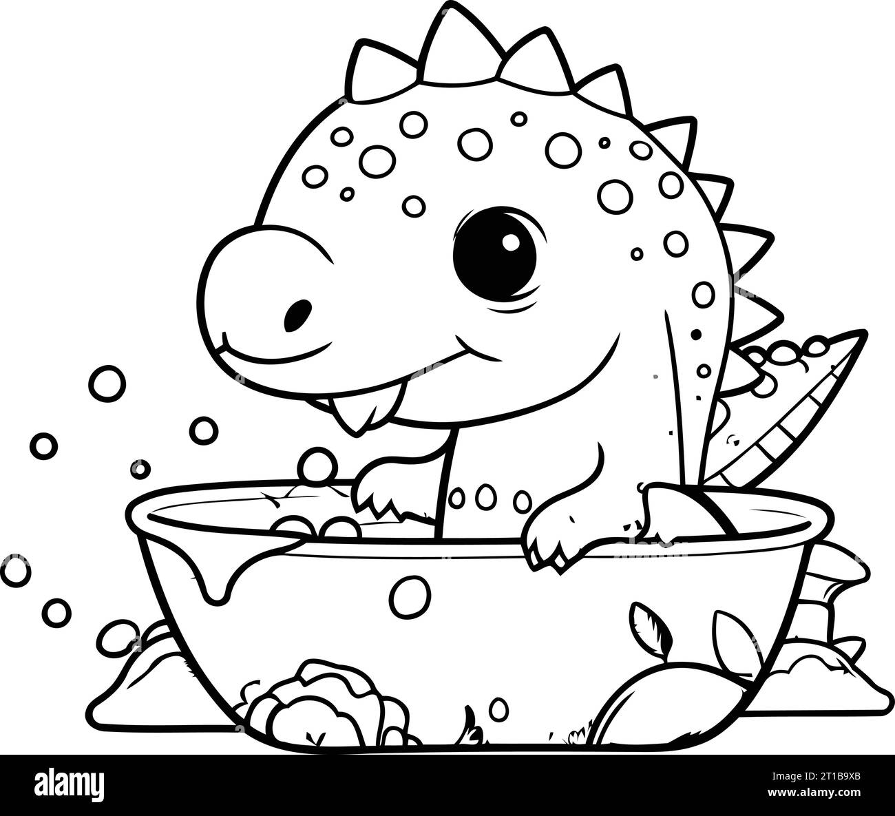 Coloring page of cute cartoon dinosaur with bowl of water. Vector ...
