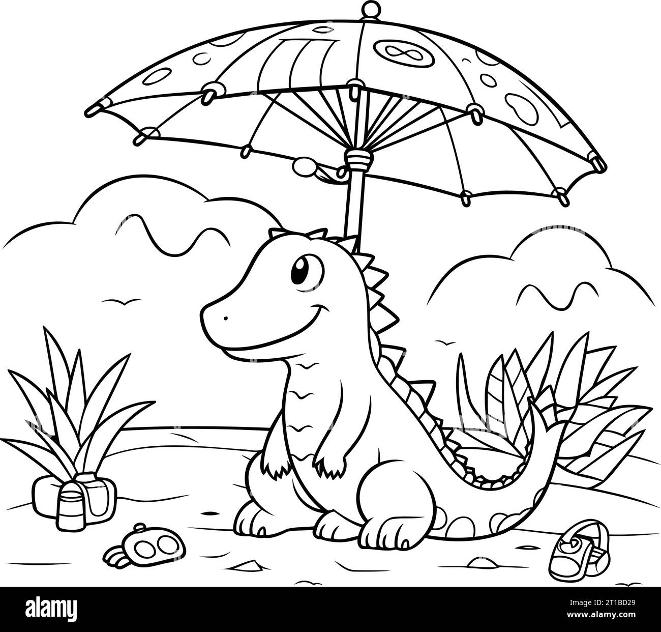 Dinosaur under an umbrella. Black and white vector illustration for ...