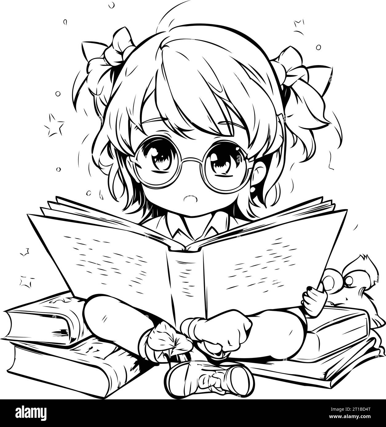 Cute cartoon girl reading a book. Black and white illustration Stock