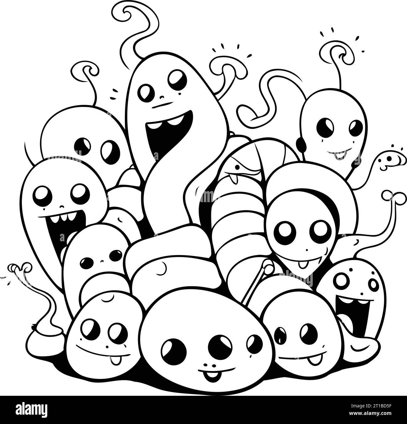 Black and white vector illustration of a group of funny monsters. Cartoon style. Stock Vector