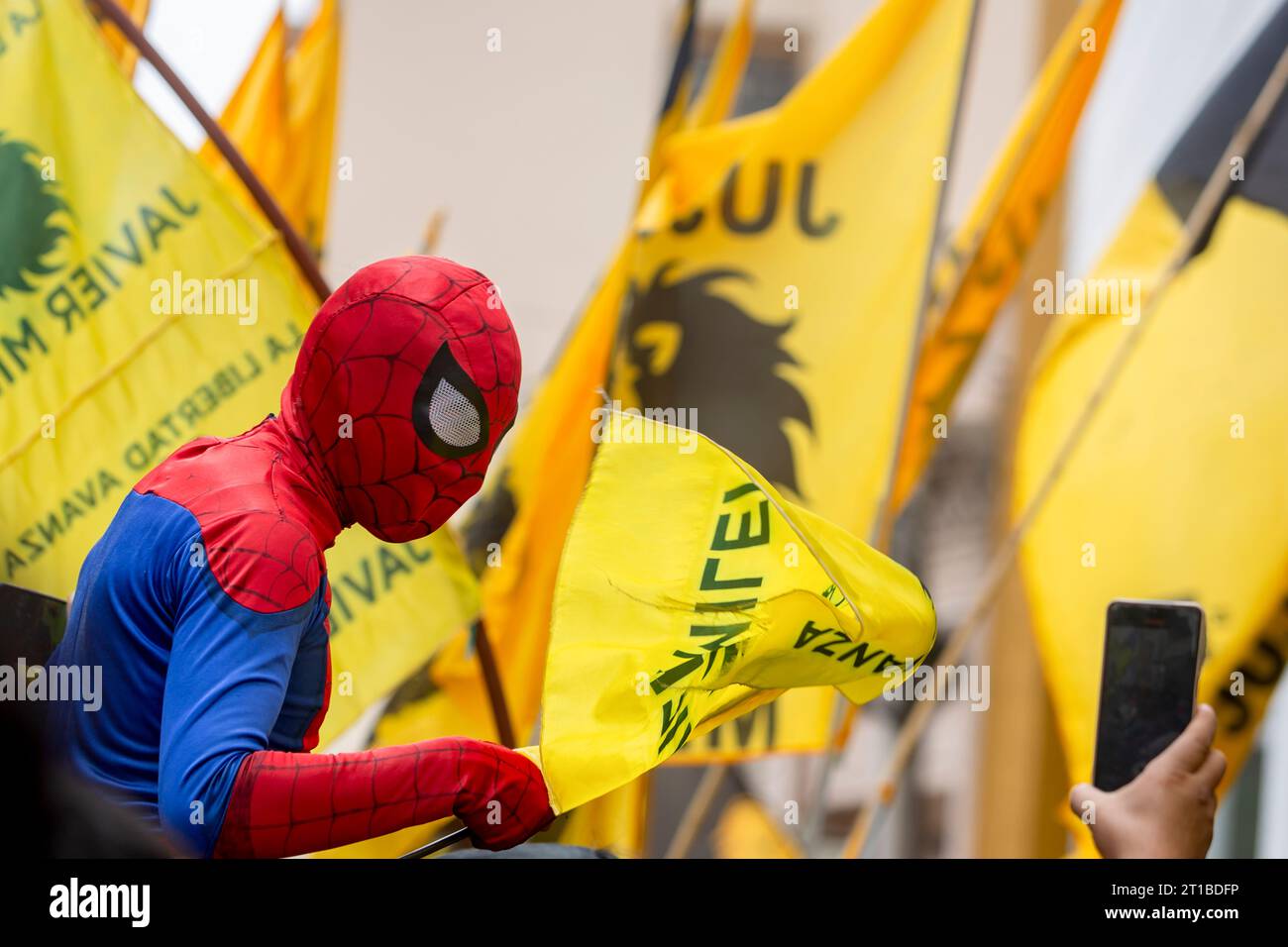 A Spiderman costume wearing supporter of presidential hopeful of the