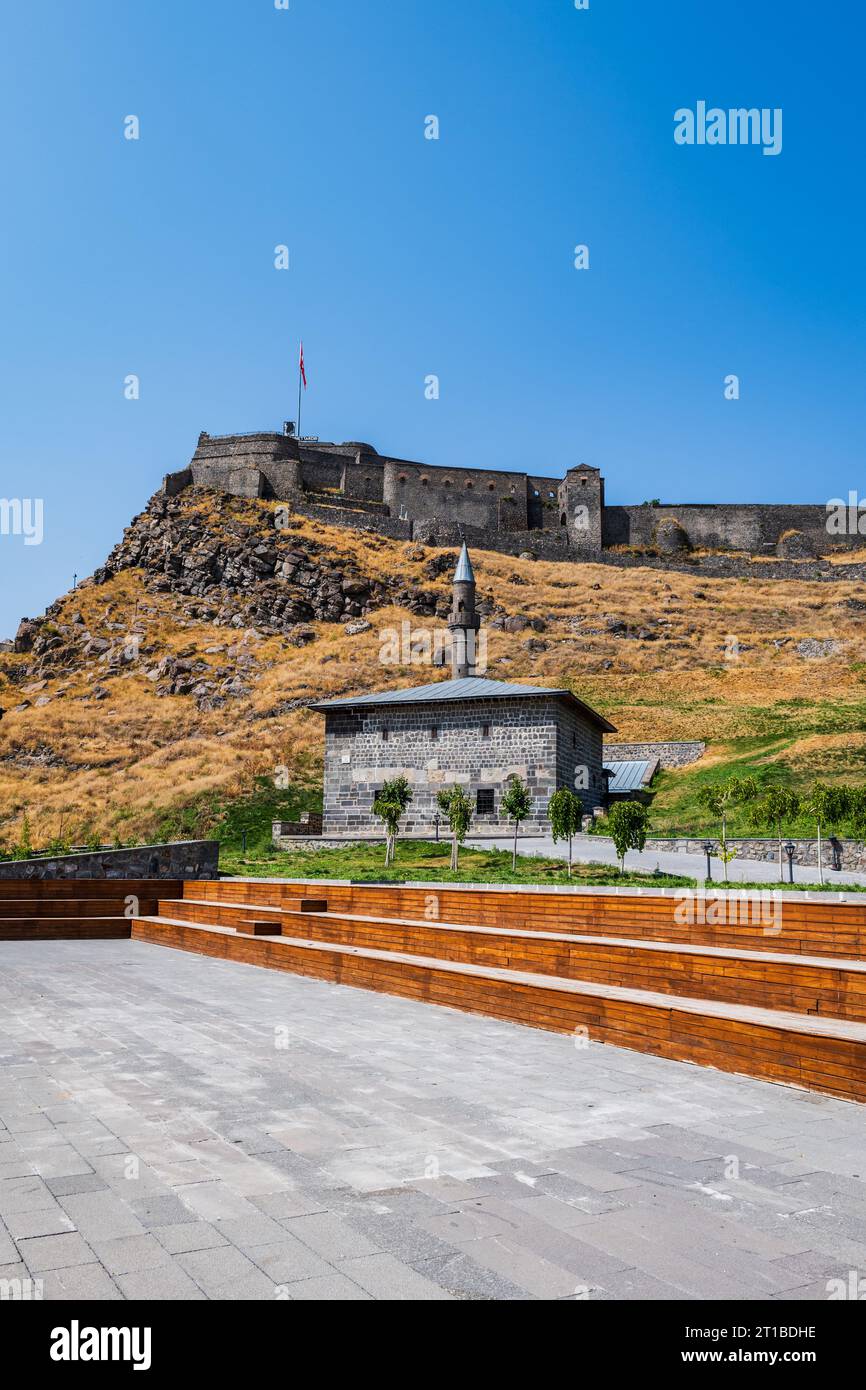 Kars castle view with blue sky in the city of Kars. A historic landmark in Eastern Turkey Stock Photo