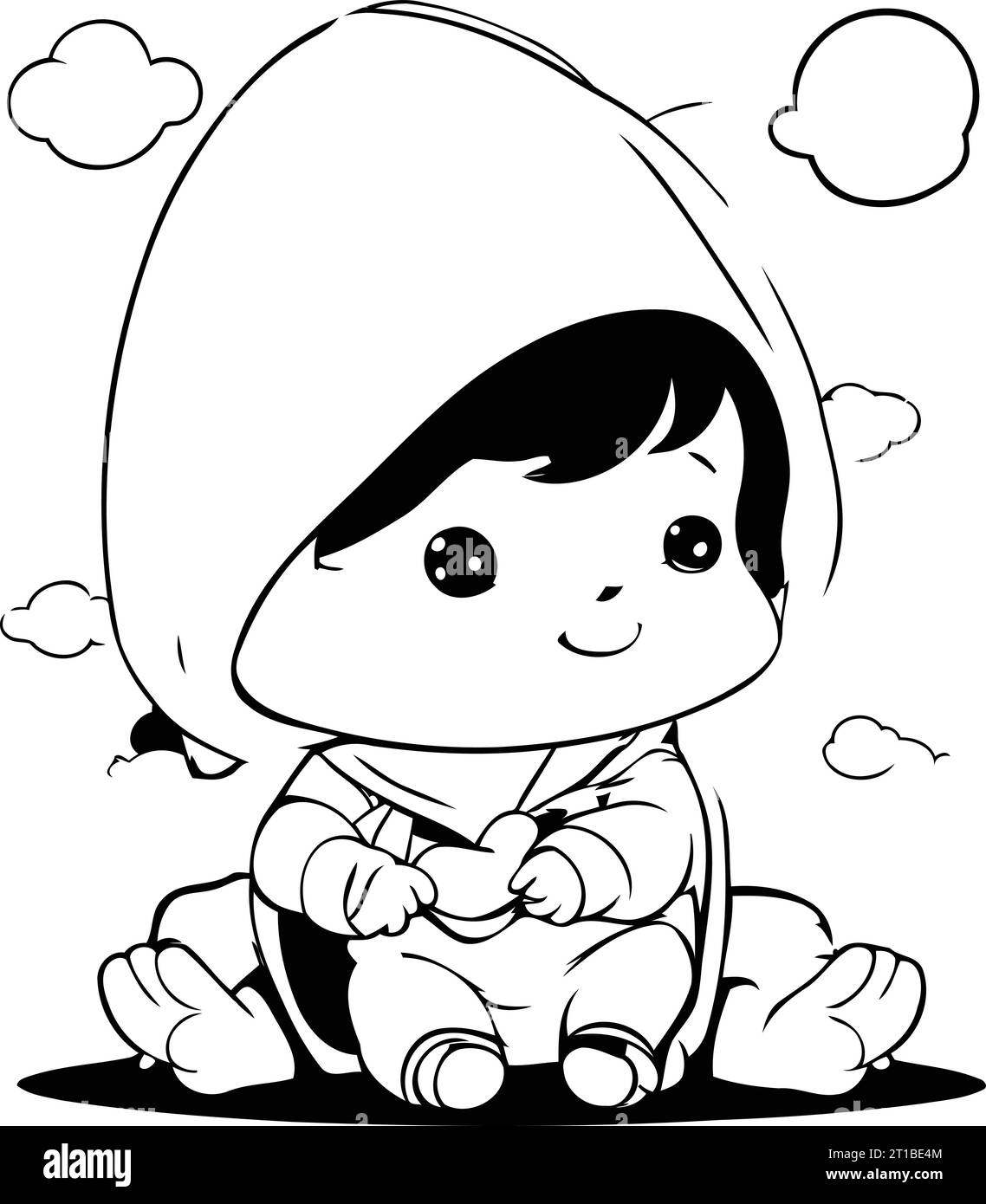 Black and White Cartoon Illustration of Cute Baby Boy or Kid Wearing Hoodie Sitting and Smiling for Coloring Book Stock Vector
