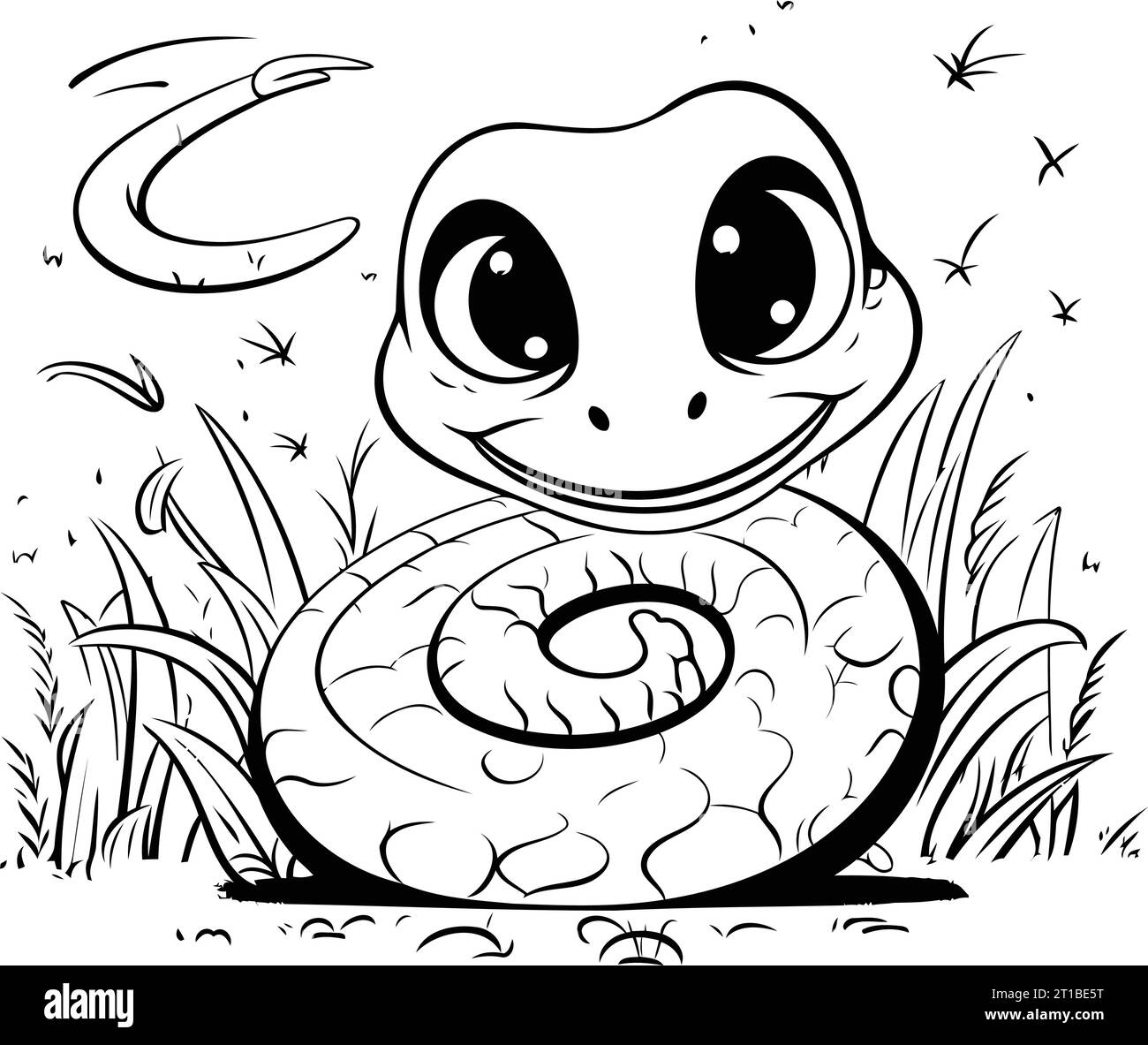 Cute cartoon frog in the grass. Black and white vector illustration. Stock Vector