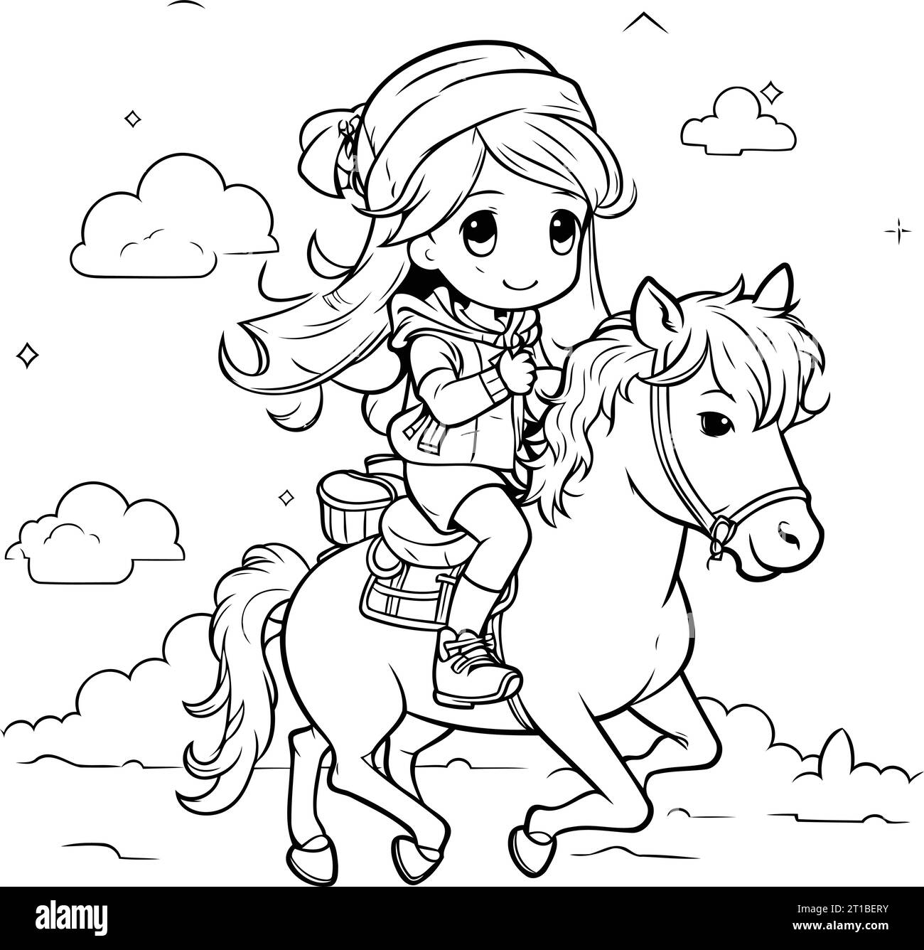 Coloring Page Outline Of a Cute Little Girl Riding a Horse Stock Vector