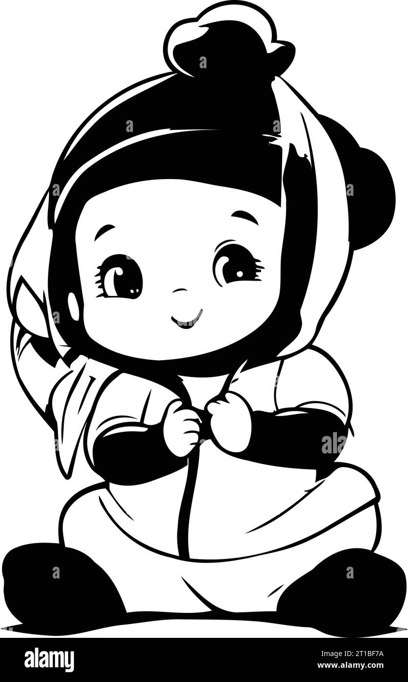 Cute little girl in winter clothes with a camera. Vector illustration