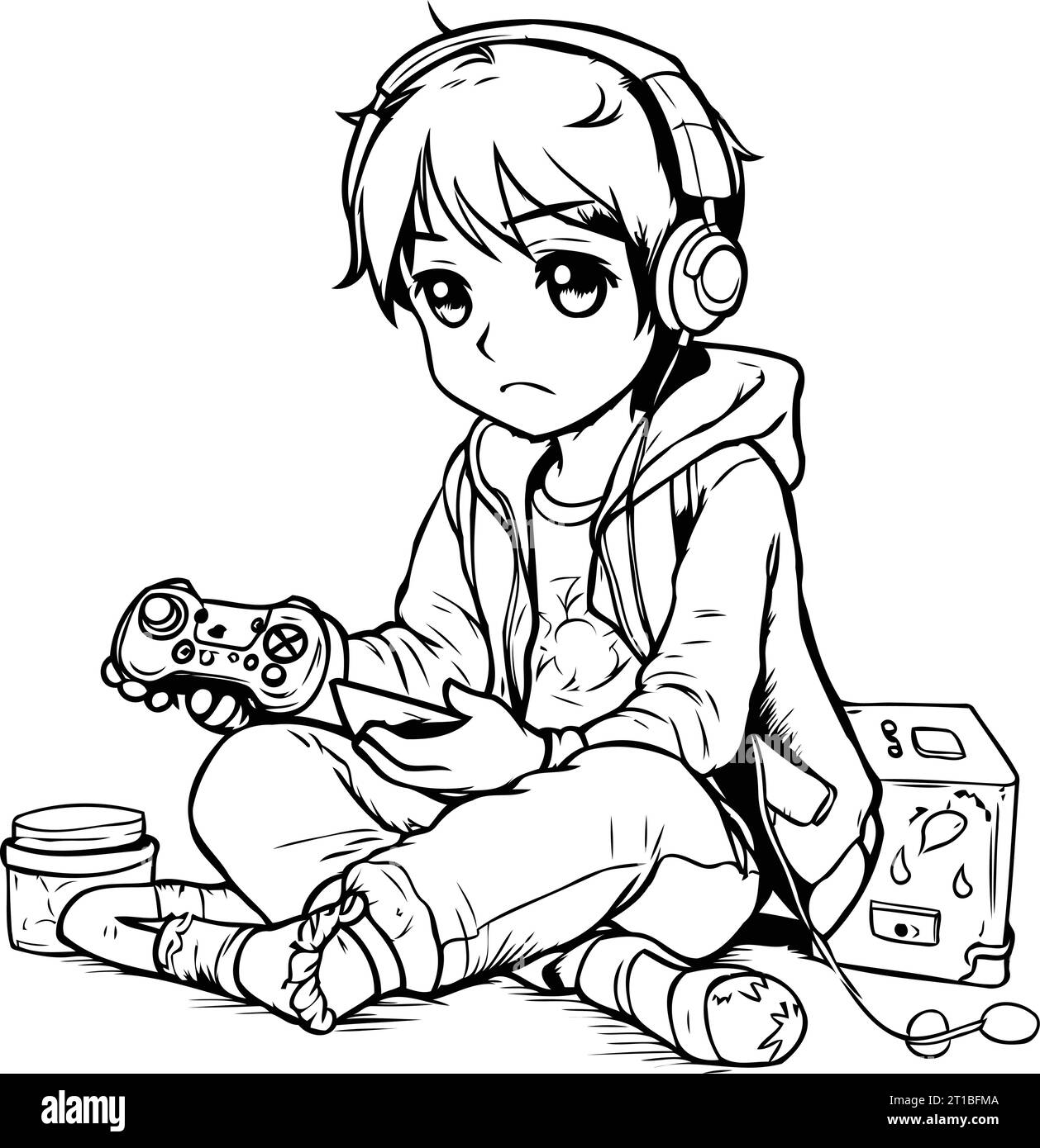 Boy playing video games. Black and white vector illustration for