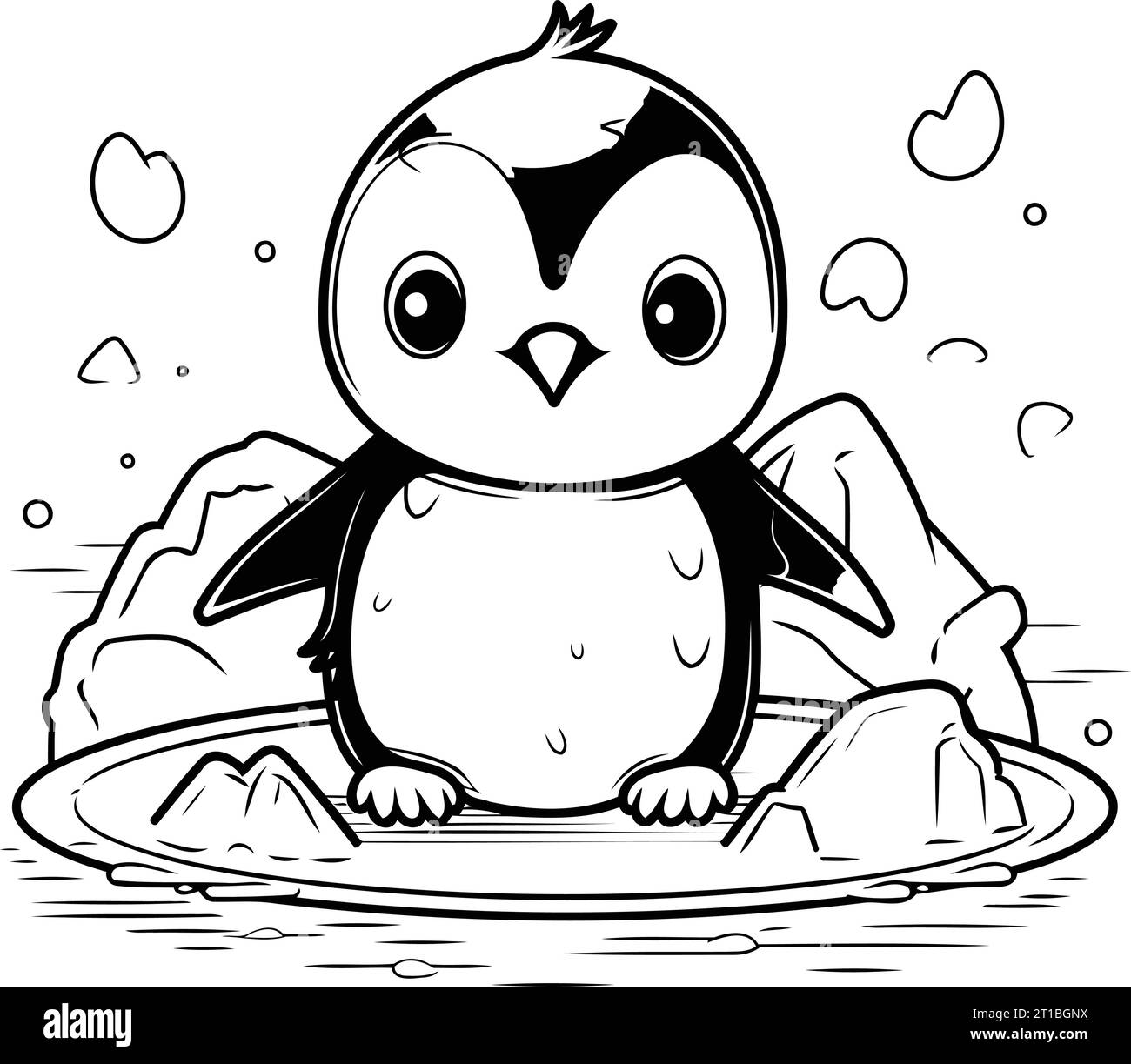 Cute cartoon penguin sitting on ice. Vector illustration for coloring book. Stock Vector