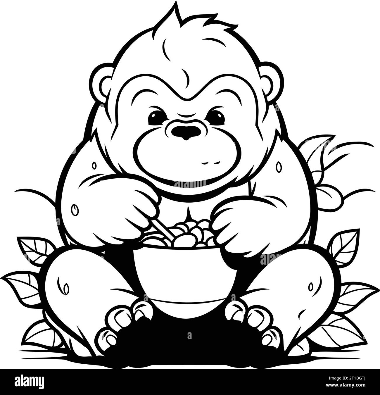 Monkey Eating Cereals Black and White Cartoon Illustration. Vector