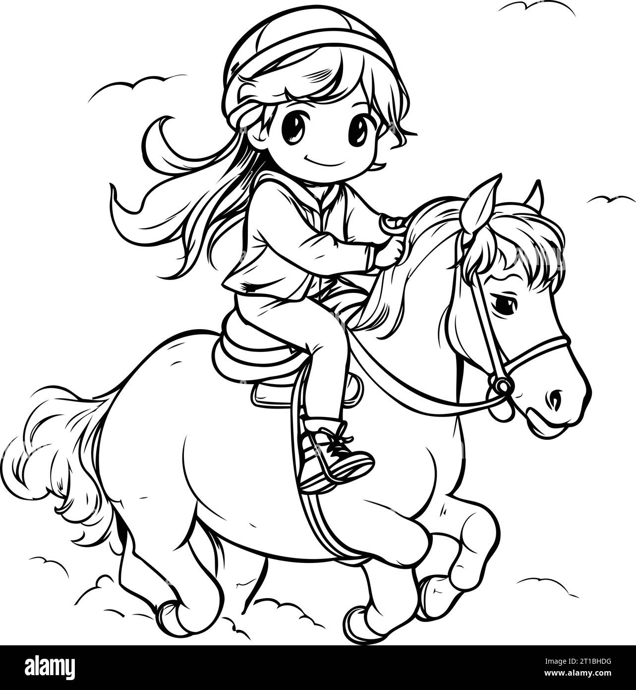 Cute little girl riding a horse. Black and white vector illustration