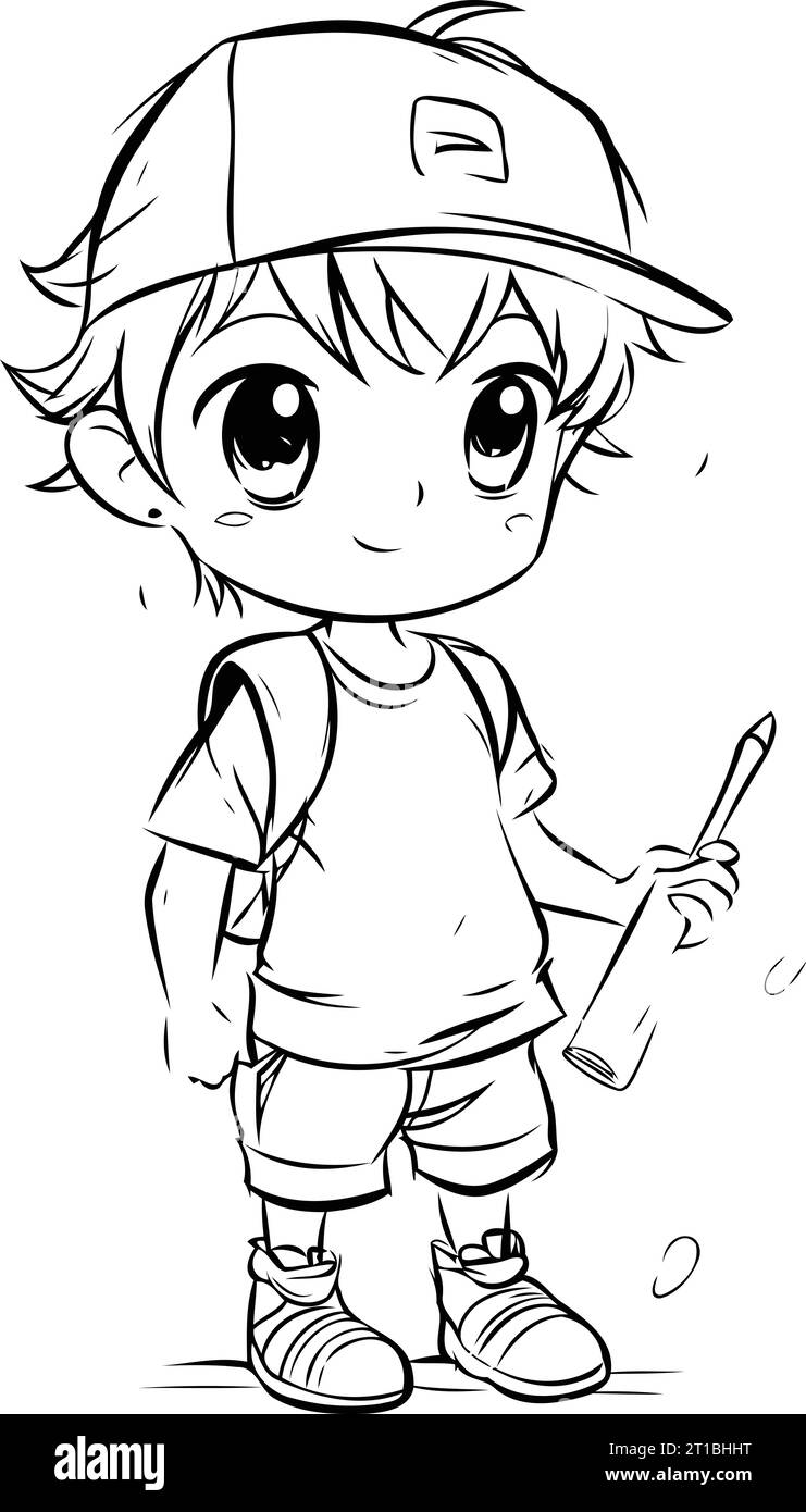 Cute little boy in baseball cap with baseball bat. Vector illustration