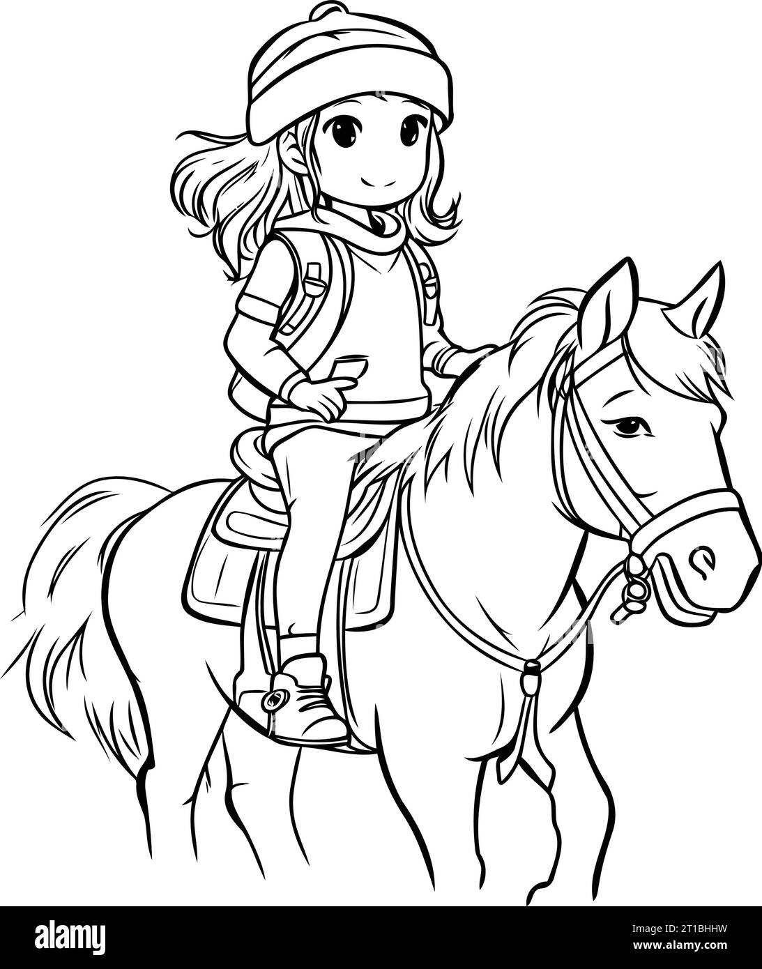 Cute little girl riding a horse. Black and white vector illustration