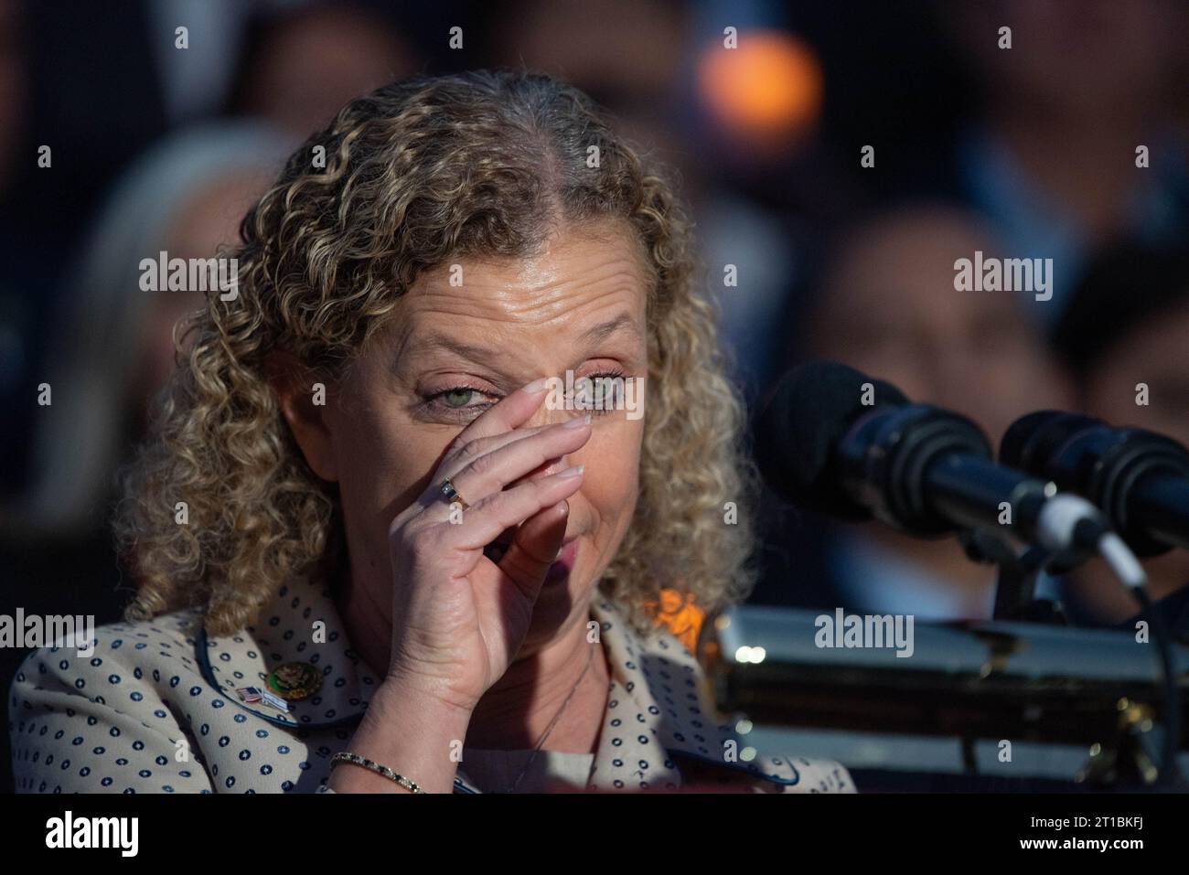 United States Representative Debbie Wasserman Schultz (Democrat of Florida) tears up at a vigil for Israel on the House Steps of the Capitol on Thursday, October 12, 2023. The vigil had a bipartisan turnout and included a moment of silence and comments and prayers from multiple Representatives. Credit: Annabelle Gordon/CNP /MediaPunch Stock Photo