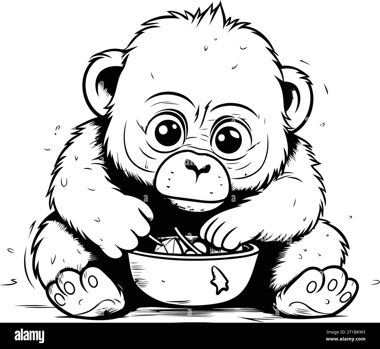 Monkey eating a bowl of cereals. Monochrome vector illustration Stock