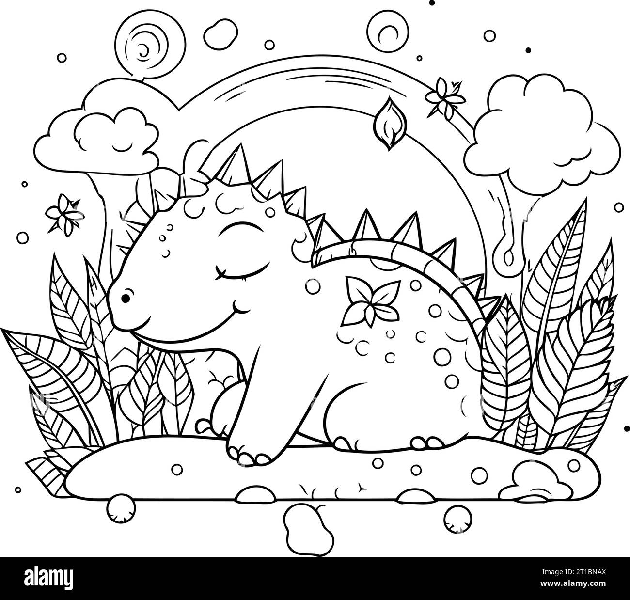 cute diplodocus with rainbow and clouds vector illustration design Stock Vector