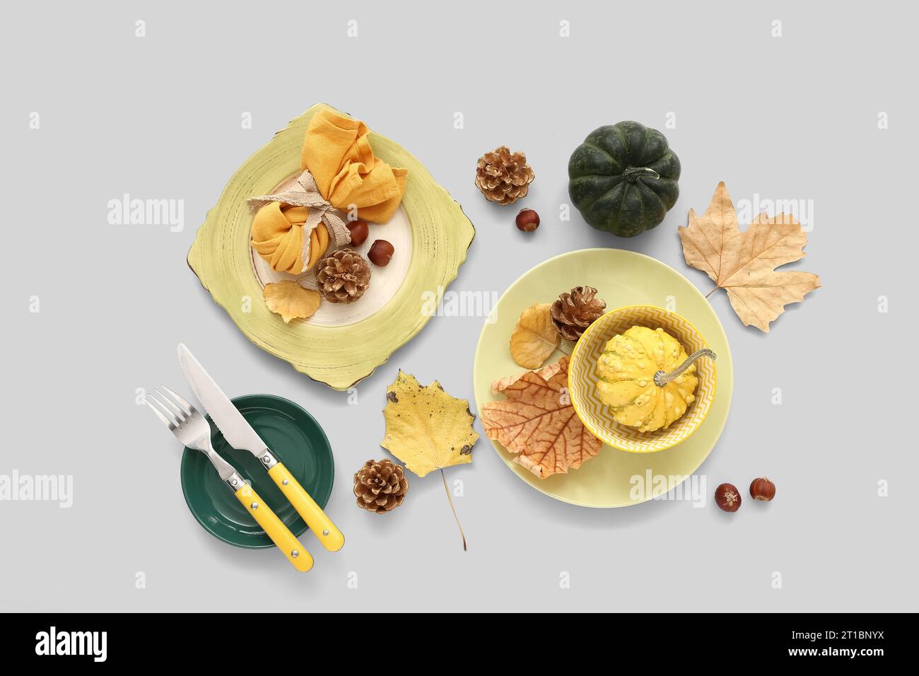 Autumn table setting with pumpkins, cones and dried leaves on white ...