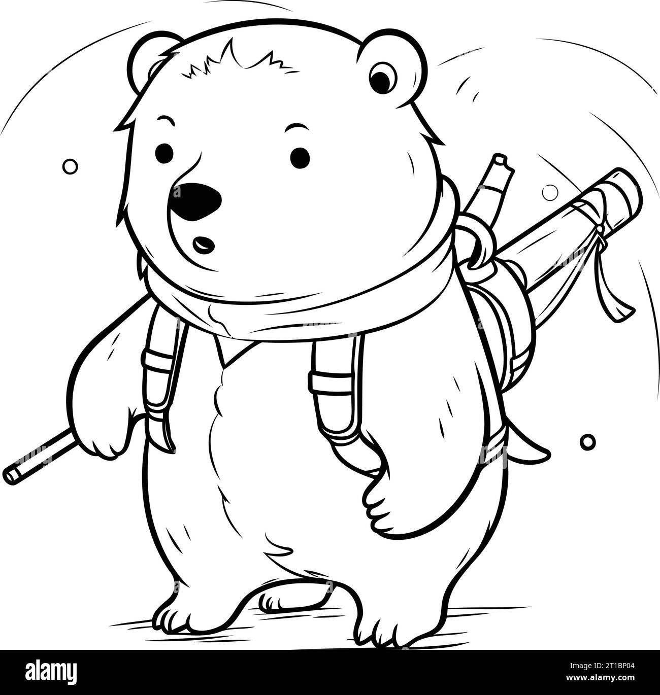 Black and White Cartoon Illustration of Cute Polar Bear Traveler Animal