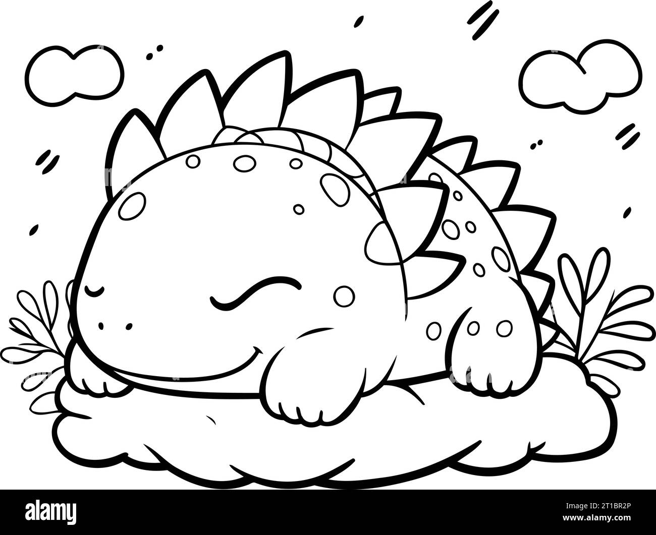 Black and white Pterodactyl dino flying among the clouds to nest with eggs.  Summer scene outline illustration with cute dinosaur. Funny prehistoric  reptiles coloring page for children. Stock Vector