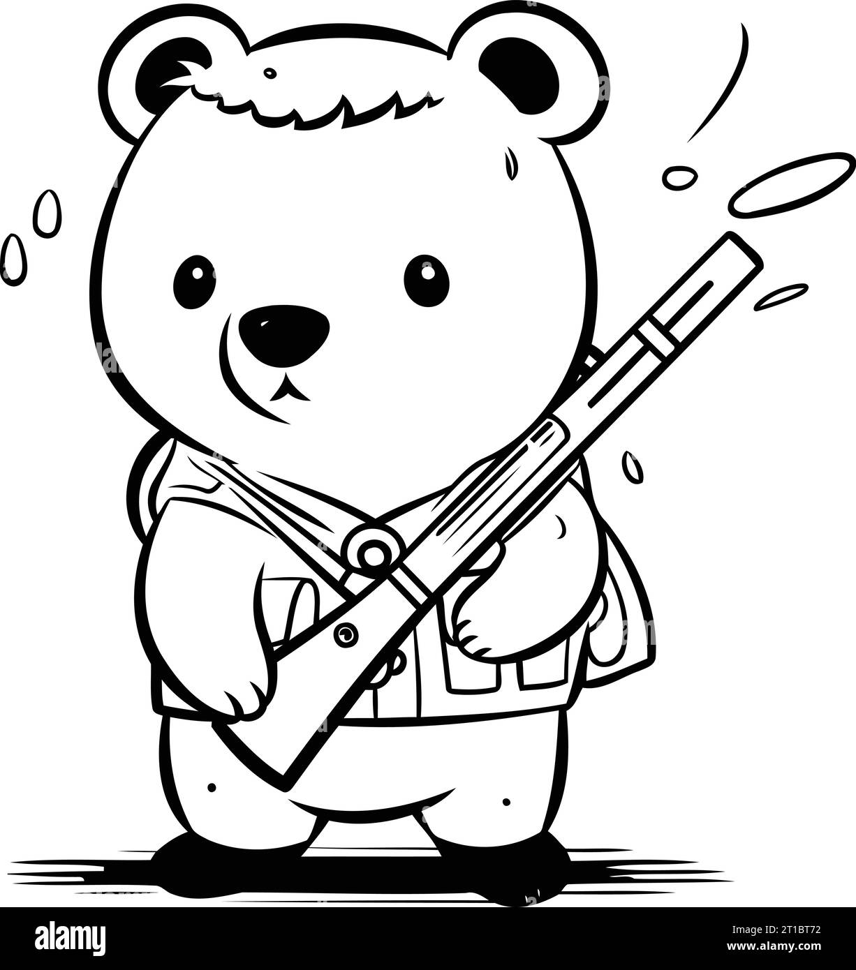 Black and White Cartoon Illustration of Bear with Rifle Comic Character