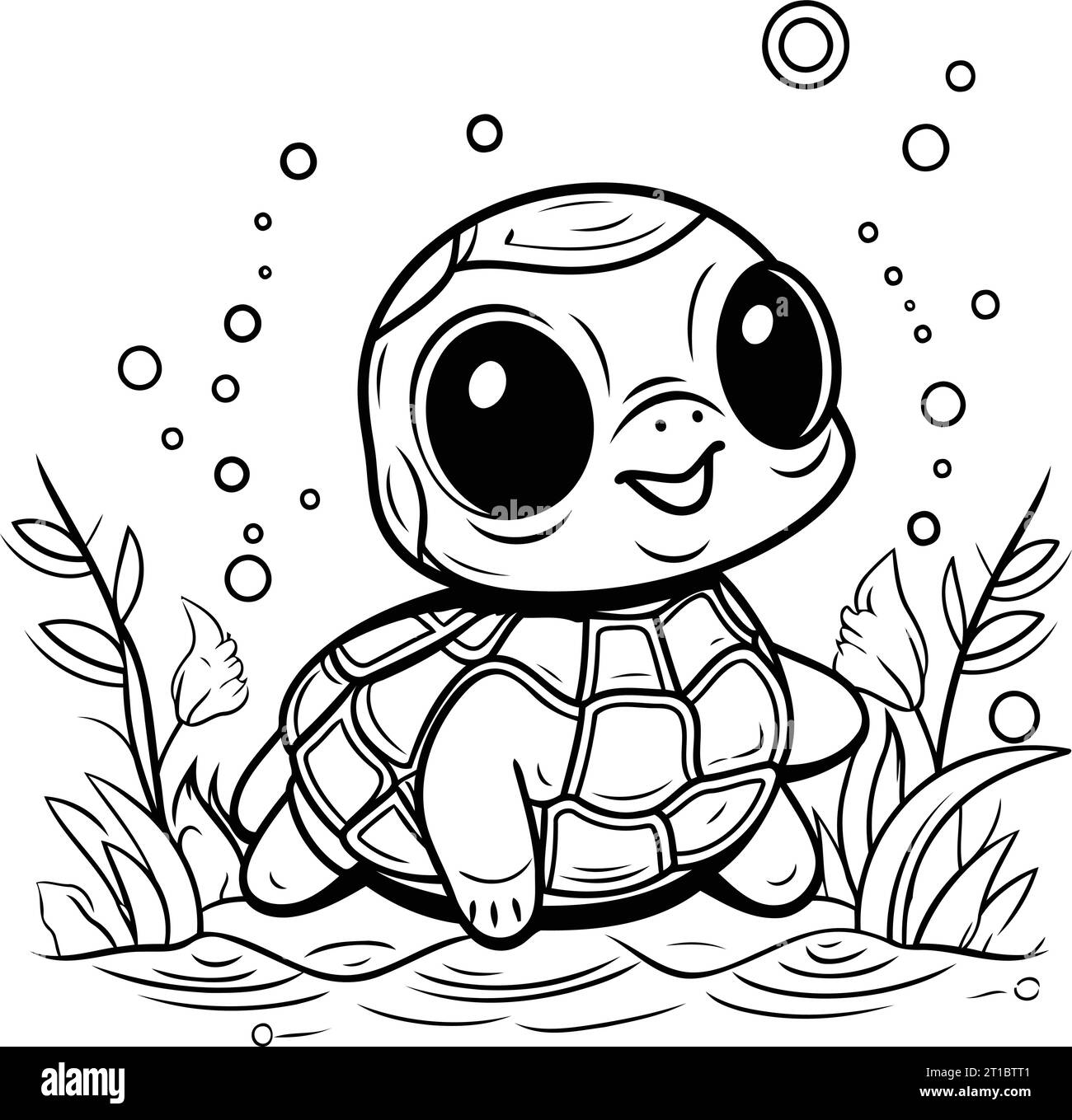 Cute little turtle in the sea. Black and white vector illustration. Stock Vector