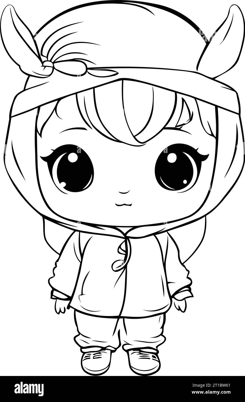 Cute little girl in a hat. Vector illustration for coloring book Stock ...