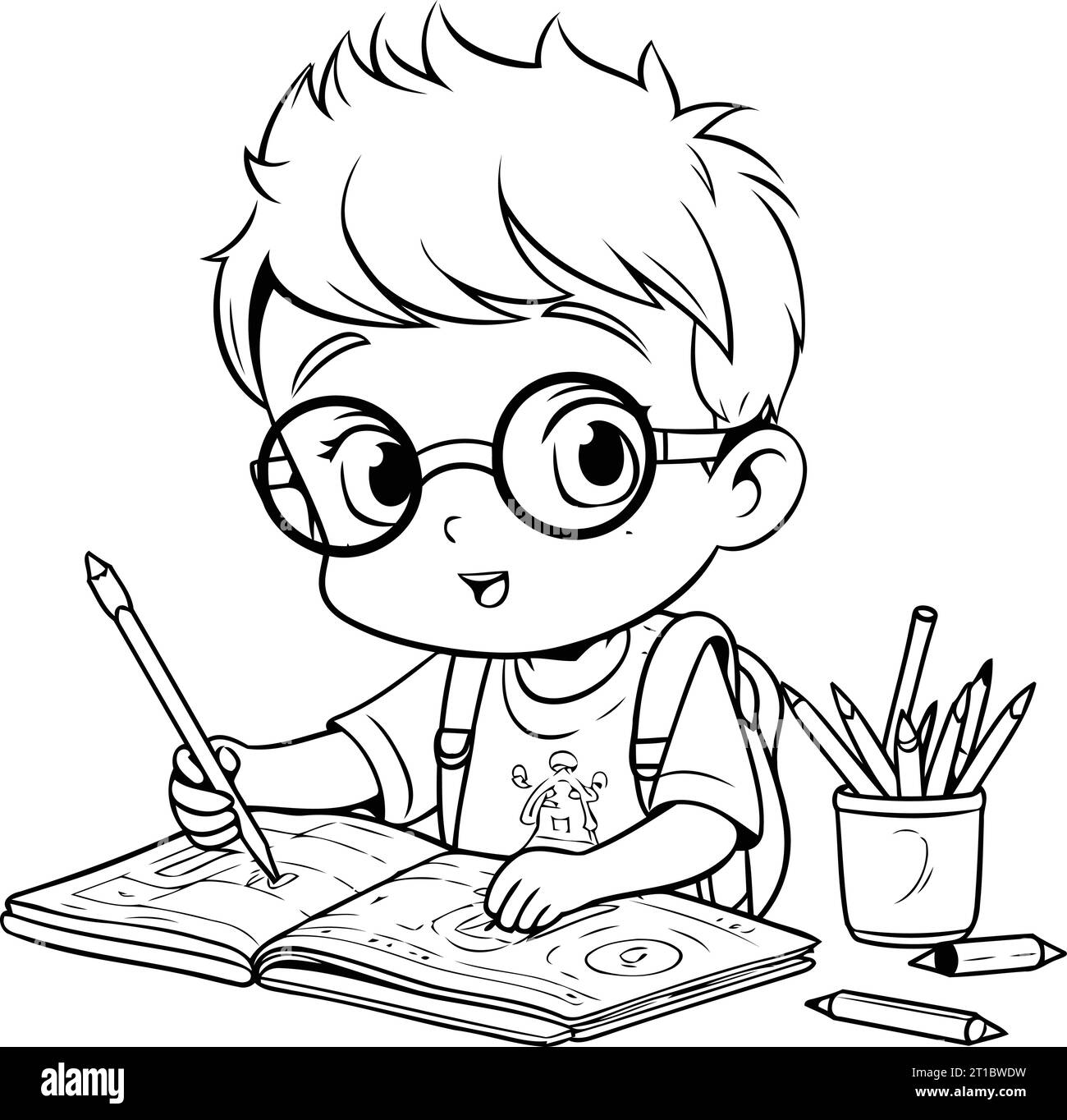 Cute little boy doing his homework. Vector illustration for coloring book. Stock Vector