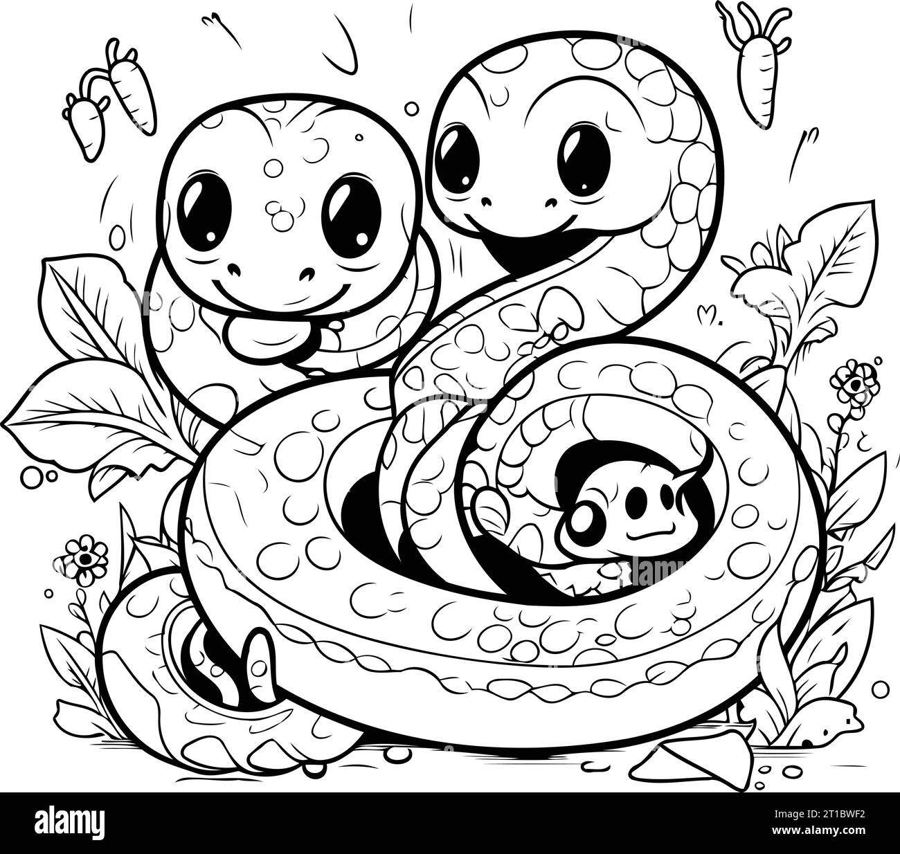 Cute snake family coloring page. Vector illustration of a snake family ...