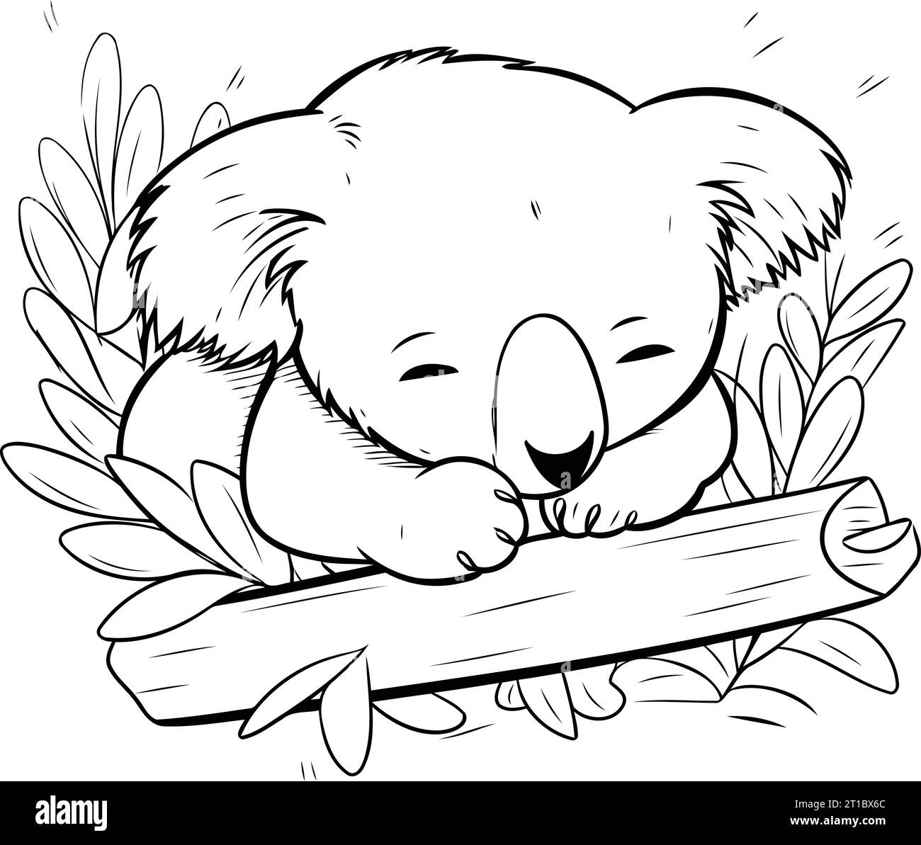 Cute koala sleeping on a branch with leaves. Vector illustration Stock