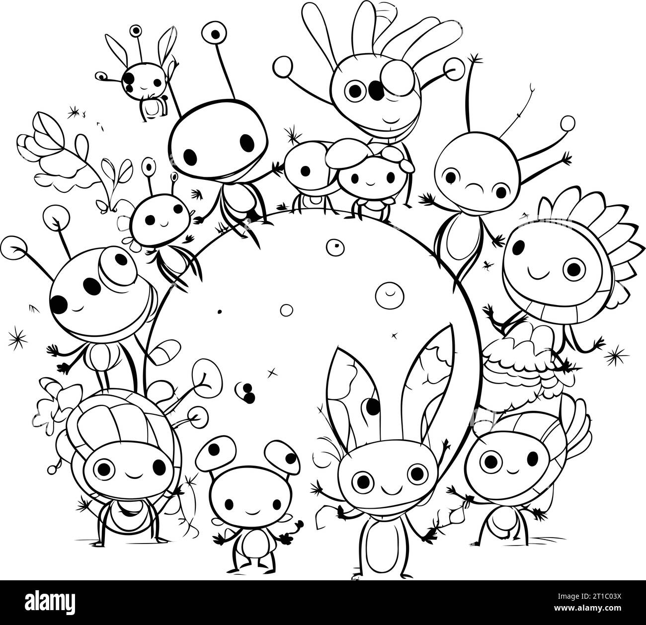 Circle of cute cartoon animals. Vector illustration. Black and white. Stock Vector